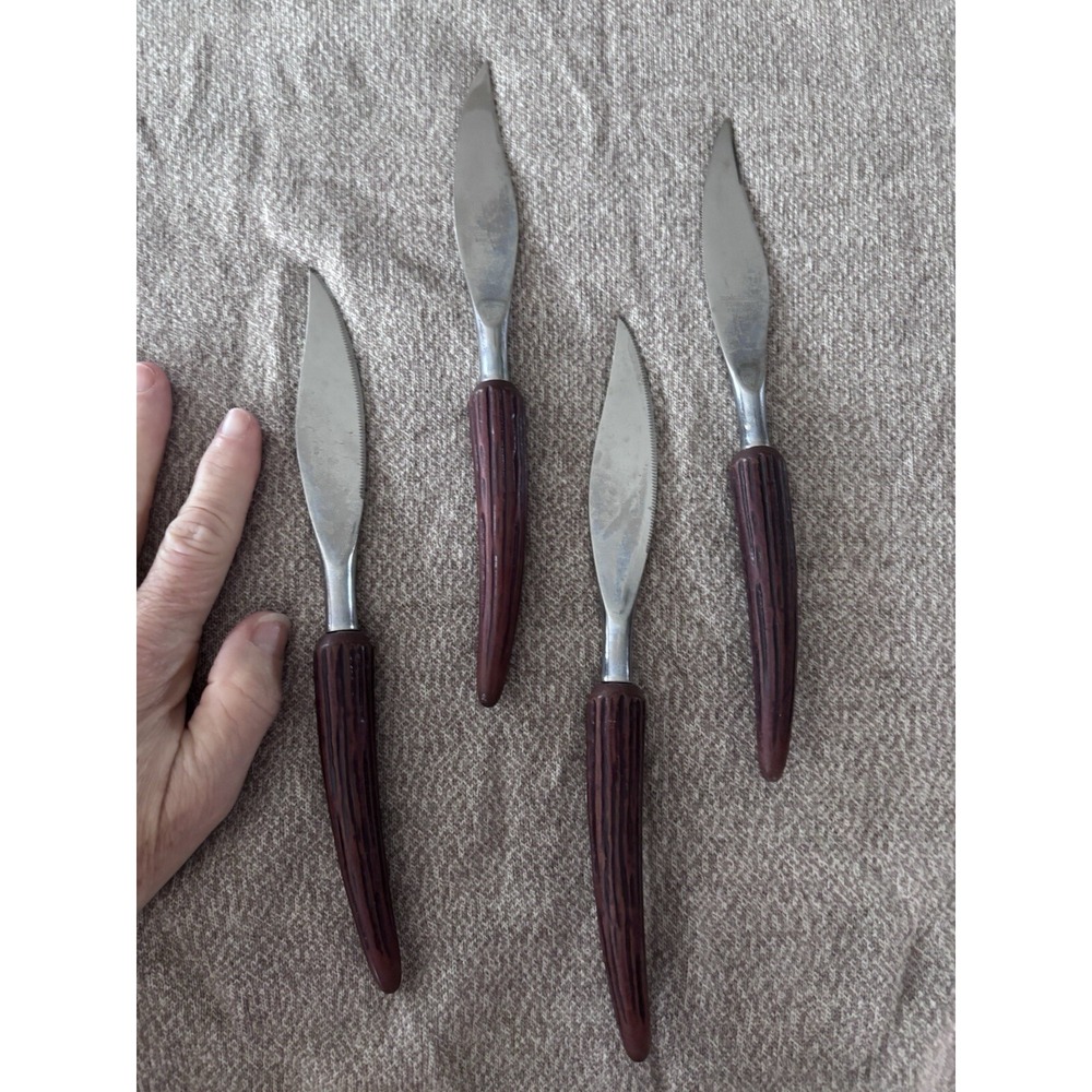 Vintage Mode Danish Stainless Knives Sheffield England Teak Wood Handle 4 Pc.